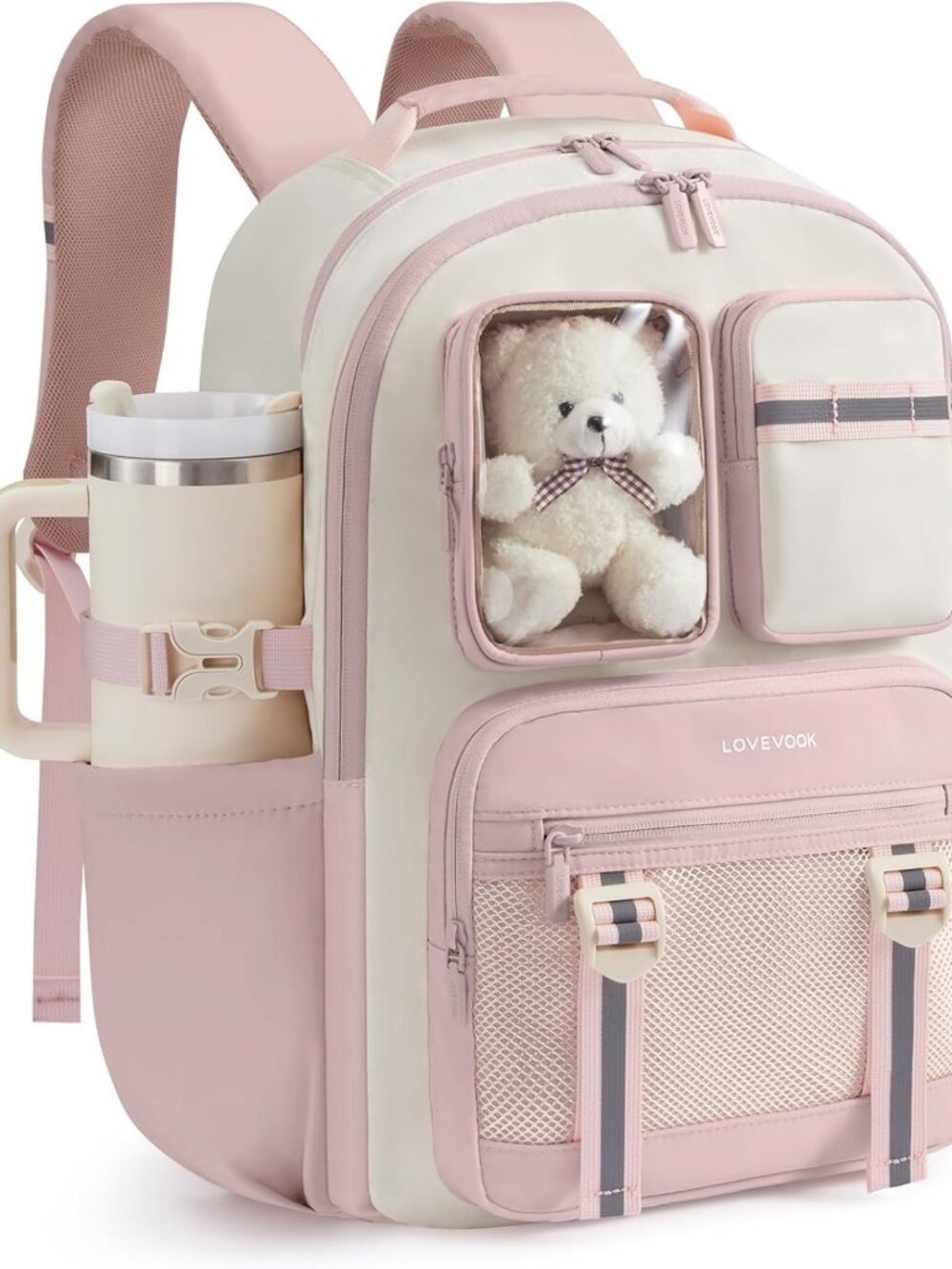 Cute School Backpack for Girls 8-14, Plush Bear, Clear Pocket, Fits 15.6" Laptop